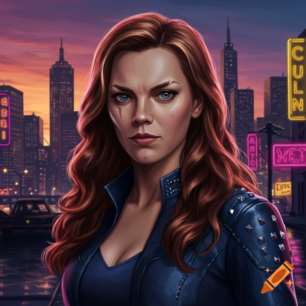 A stern-faced woman with red-brown hair and a studded jacket stands against a cyberpunk city skyline at sunset, with neon signs.