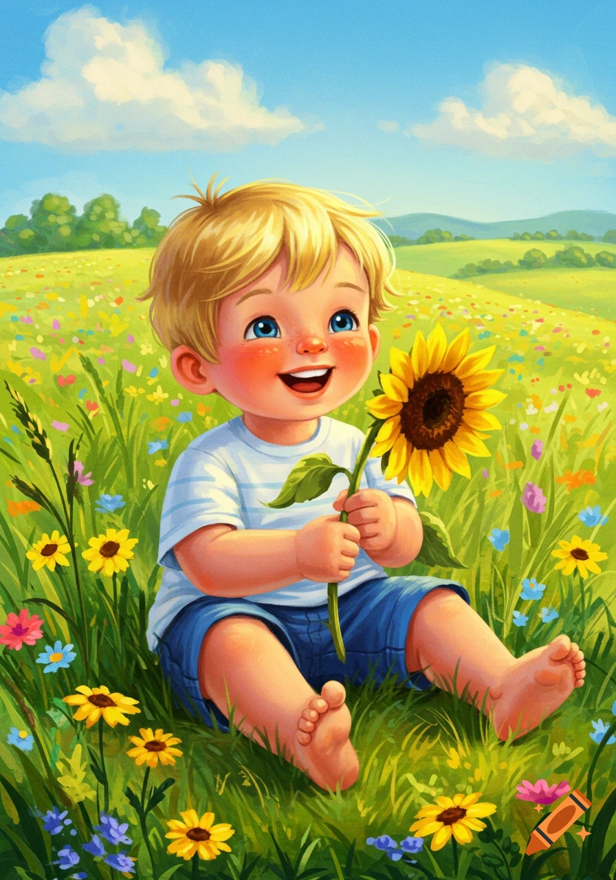 A happy blonde baby sits in a sunny field of colorful wildflowers, holding a large sunflower in an illustration style.