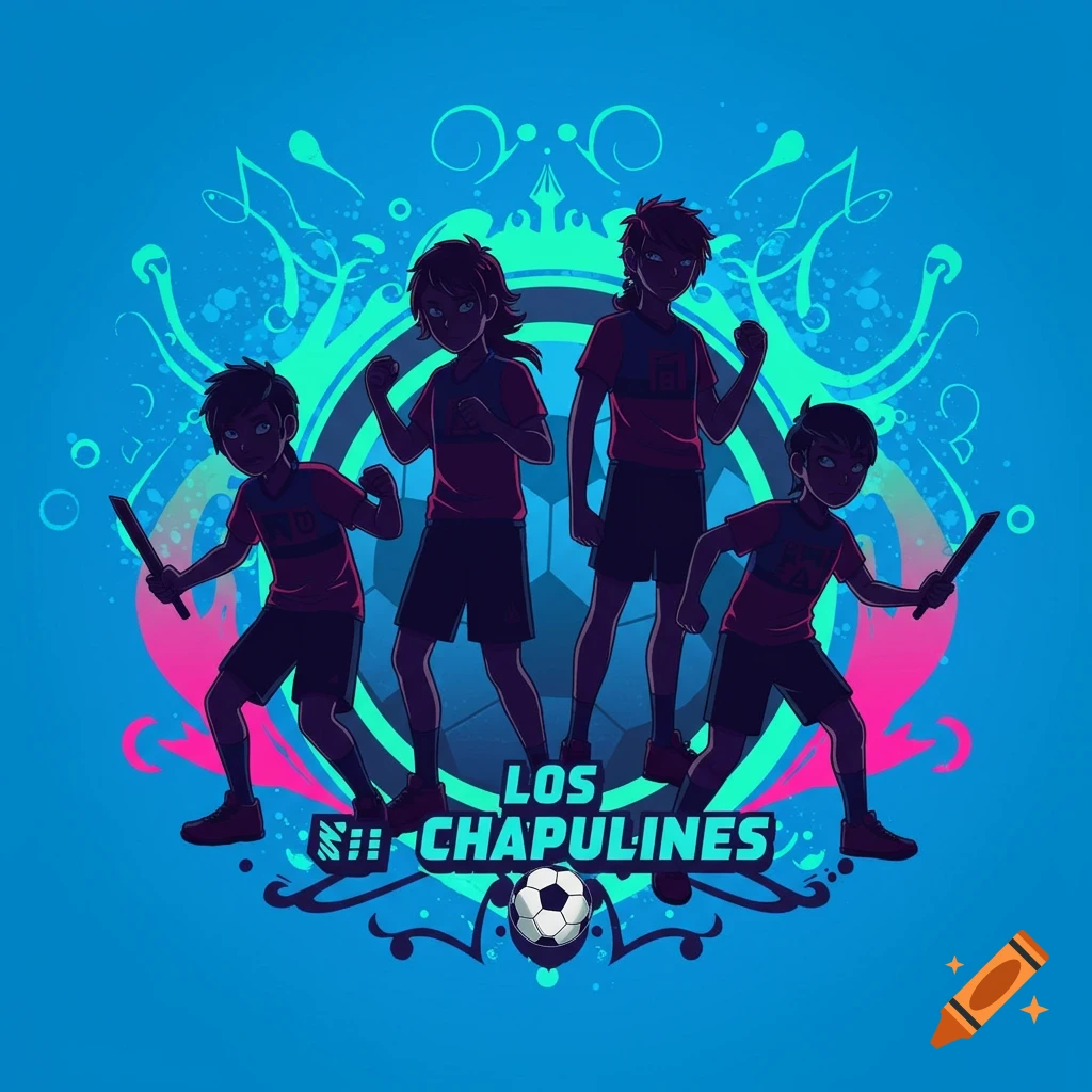 A vibrant anime-style team crest features four boys in dark soccer uniforms. Stylized blue, green, and pink patterns swirl around them, with "LOS CHAPULINES" and a soccer ball at the bottom.