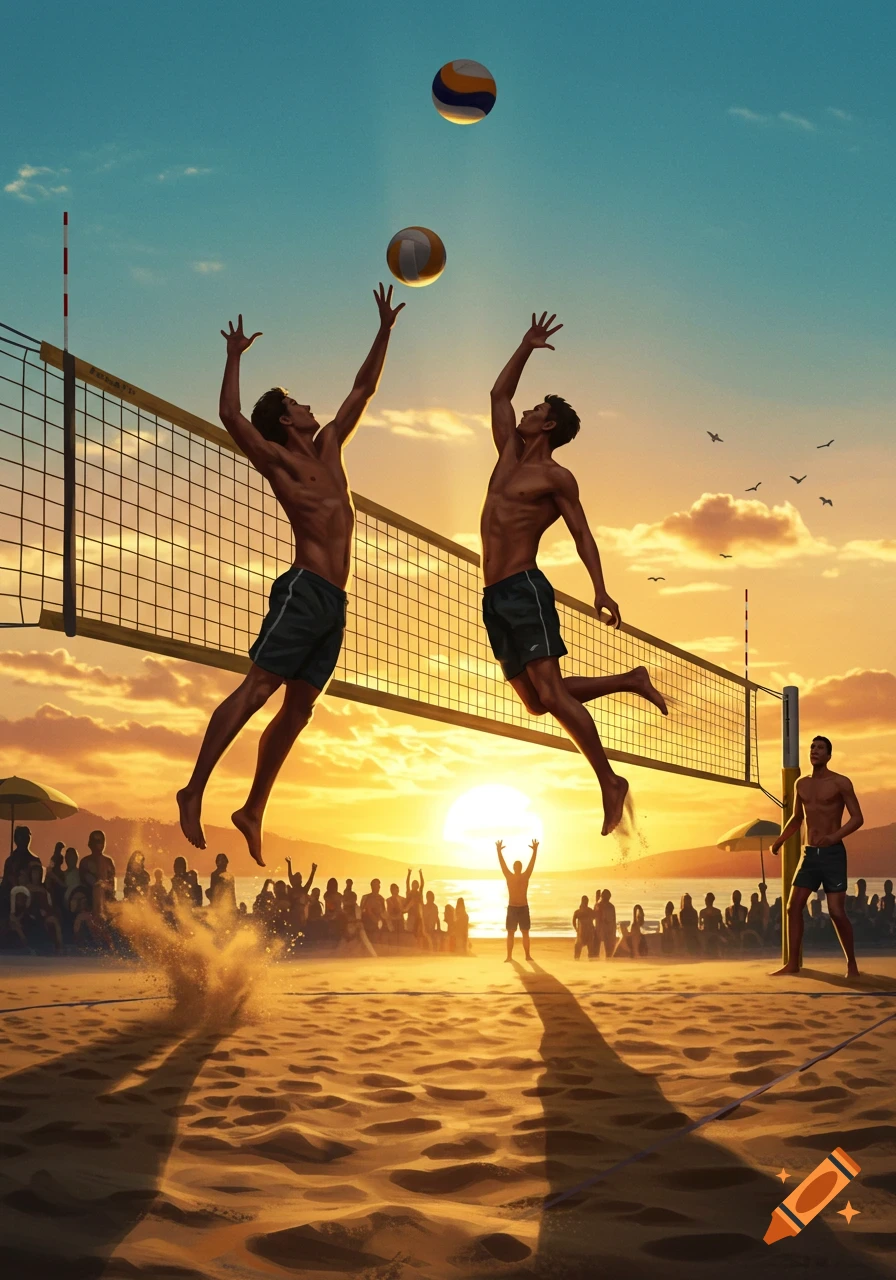 Two men jump to hit a volleyball over a net on a beach at sunset, with a silhouetted crowd watching.