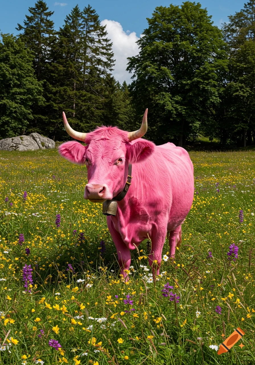 A vibrant pink cow with horns and a bell stands in a sunny meadow filled with colorful wildflowers, trees in the background.