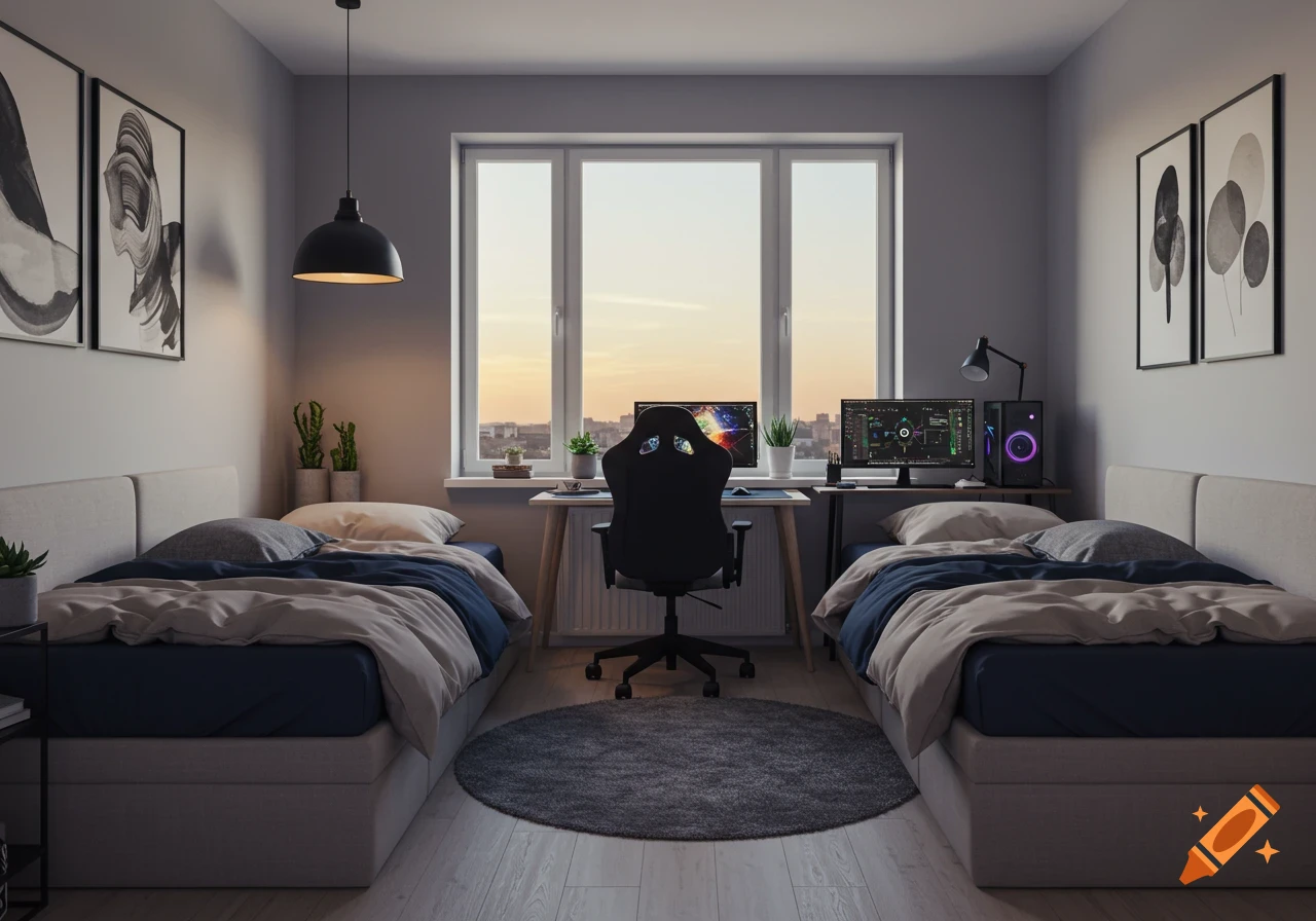 Modern bedroom with two beds, a central desk with a gaming chair, dual PC setups, and a window showing a city at sunset.