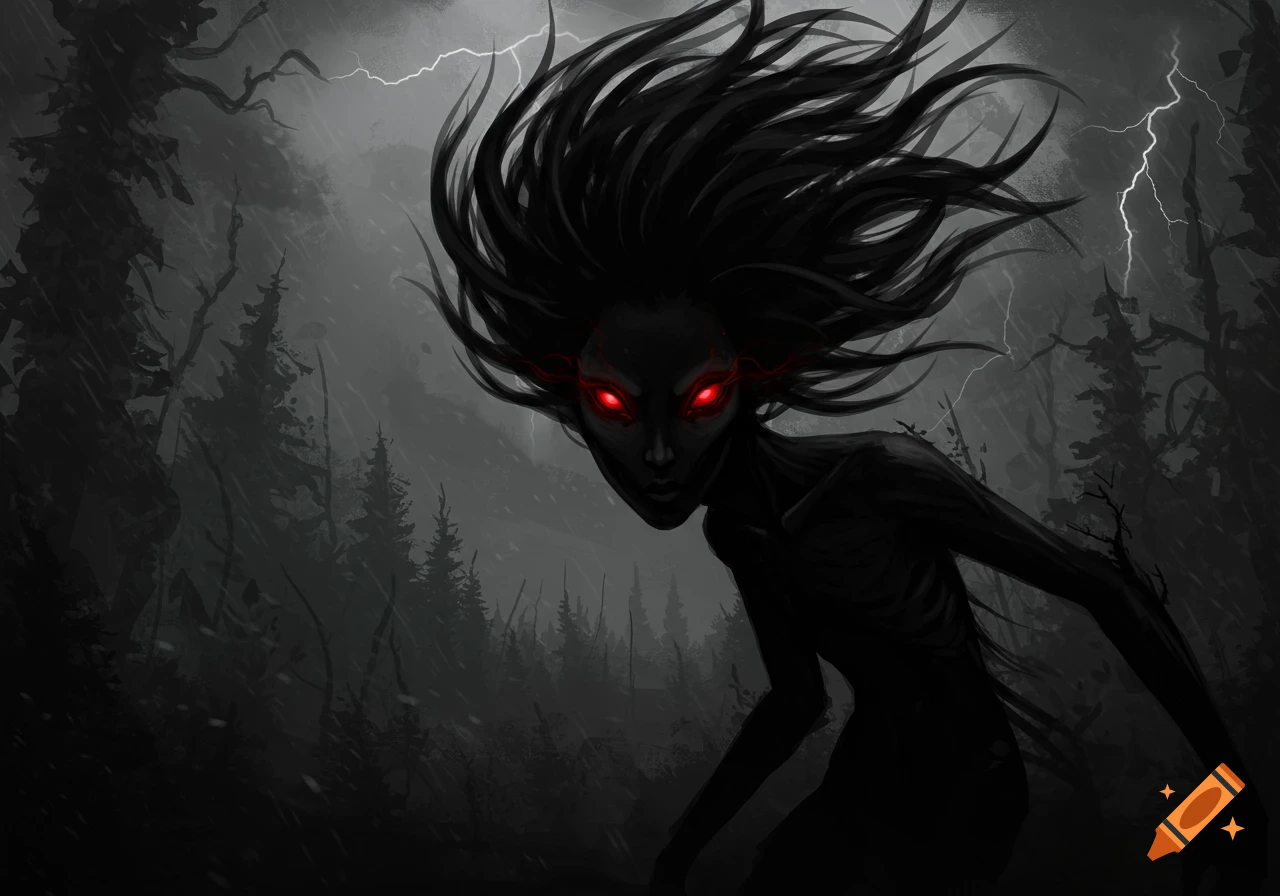 A dark, monstrous figure with glowing red eyes and spiky hair emerges from a rainy, lightning-struck forest.
