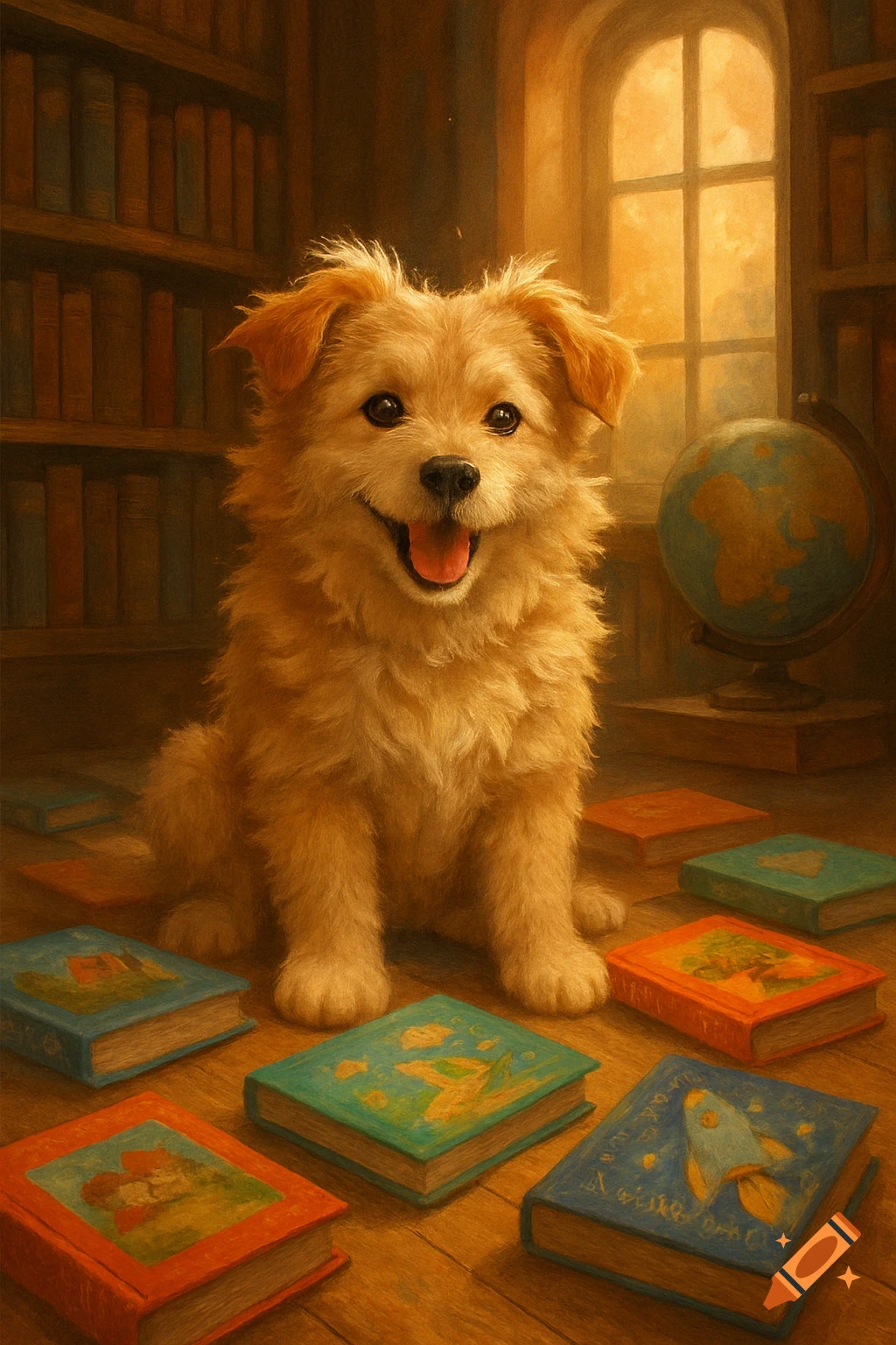 A fluffy light brown dog sits on a wooden floor surrounded by colorful books in a warm, cozy library with bookshelves, a window, and a globe.