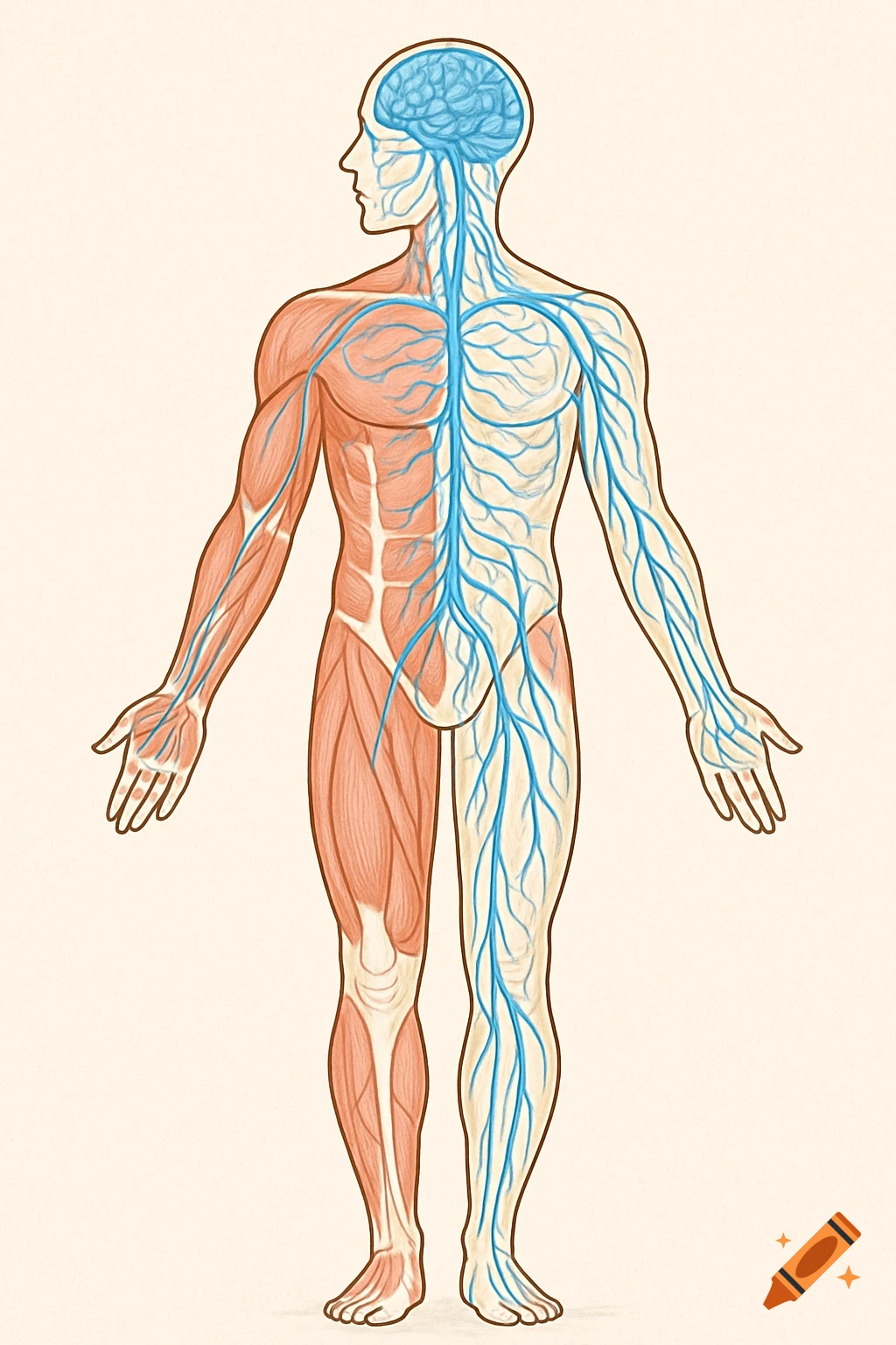 A stylized illustration of a human body, split vertically with the muscular system on the left and the nervous system on the right.