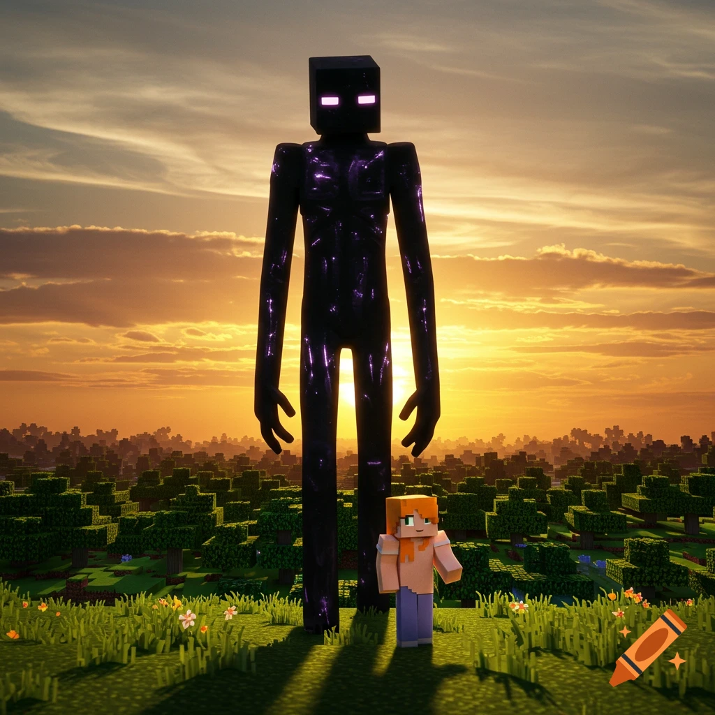 A tall Enderman stands beside Alex from Minecraft in a blocky landscape at sunset.