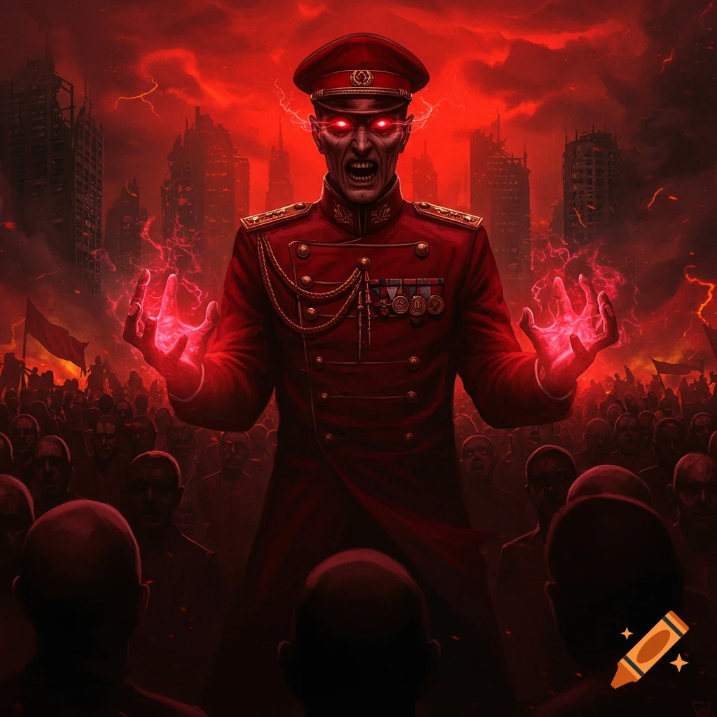 A menacing, evil dictator in a red military uniform with a cap, his eyes and hands glowing red with psycho powers, stands before a vast crowd in a dystopian, red-tinged city with ruined buildings.