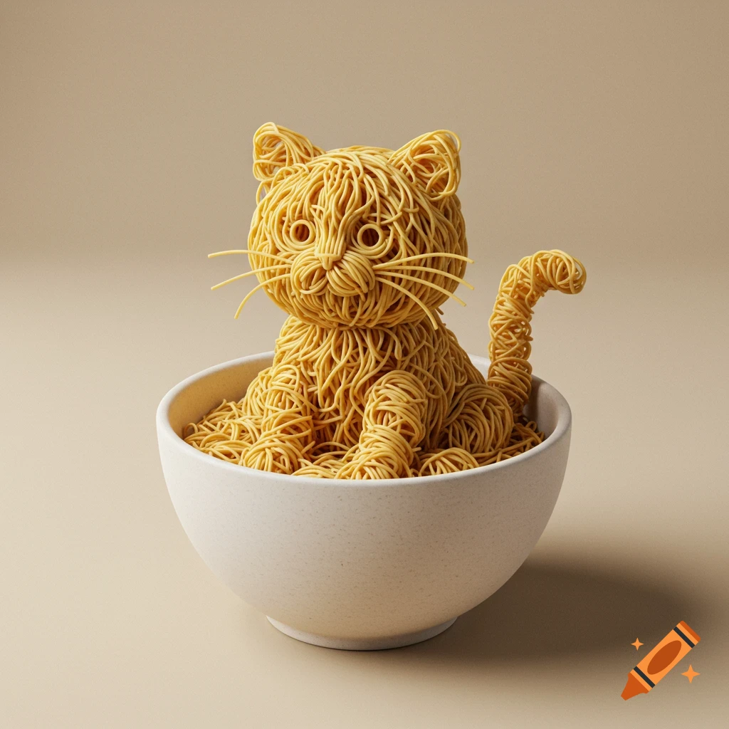 Ultra-realistic photograph of a cat made of golden cooked noodles, sitting in a white ceramic bowl on a beige background.