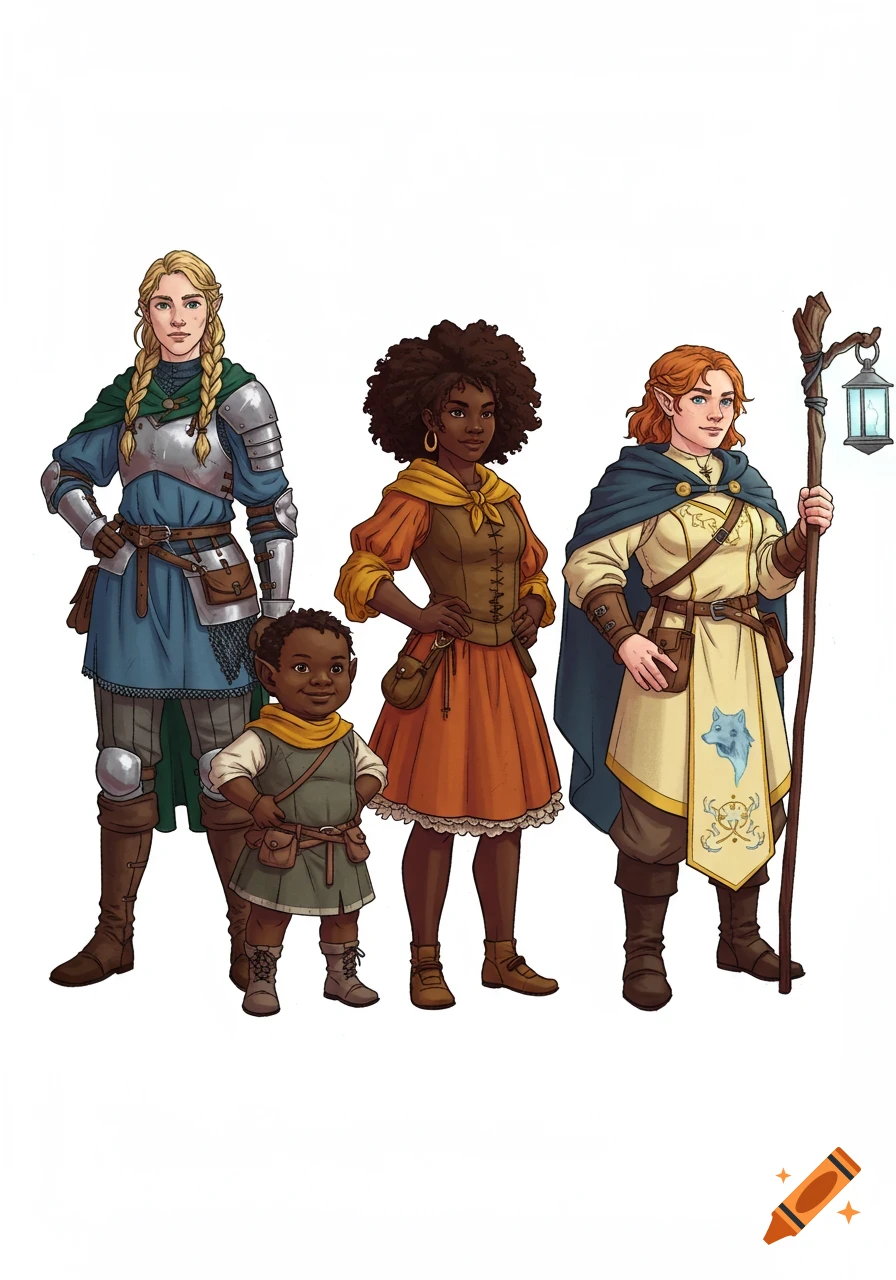 Four diverse fantasy adventurers stand in a lineup on a white background: a blonde human fighter in plate armor, a dark-skinned halfling rogue in an orange dress, a red-haired dwarf cleric with a lantern staff, and a dark-skinned halfling child.