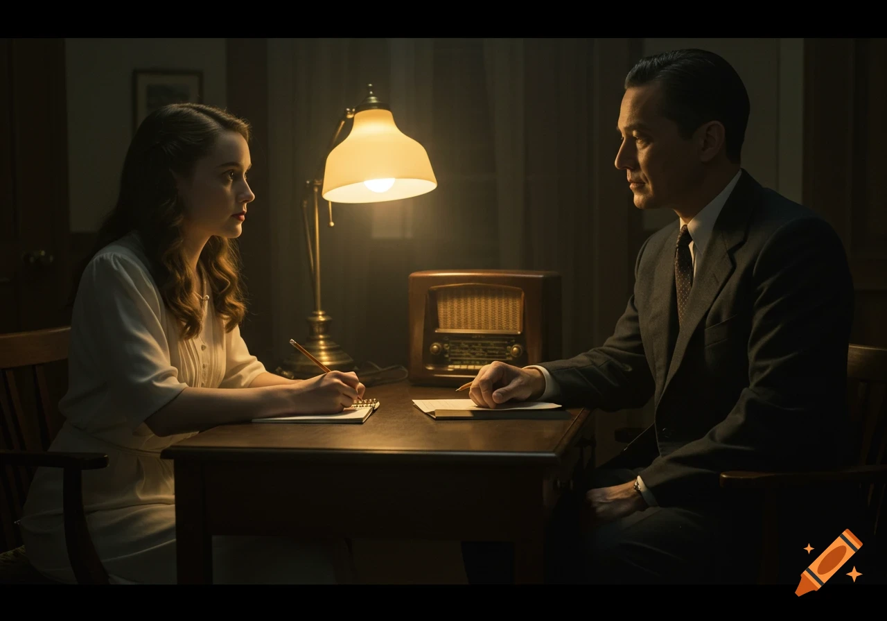 Two people in 1940s attire sit at a desk with a vintage radio in a dimly lit room, a woman writing, a man watching her.