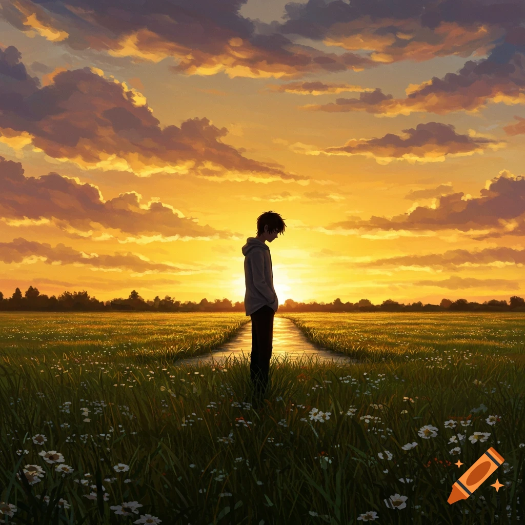 An anime-style young man stands sadly in a field with a path, silhouetted against a vibrant orange and purple sunset.