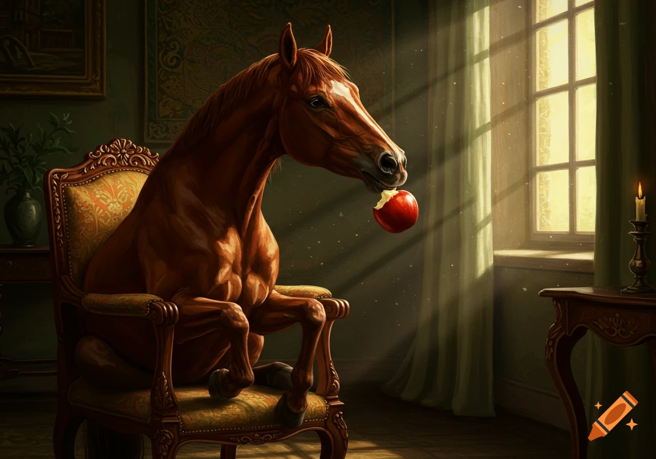 A brown horse sits upright in an ornate armchair, eating a red apple, in a dimly lit, richly decorated room with sunlight through a window.