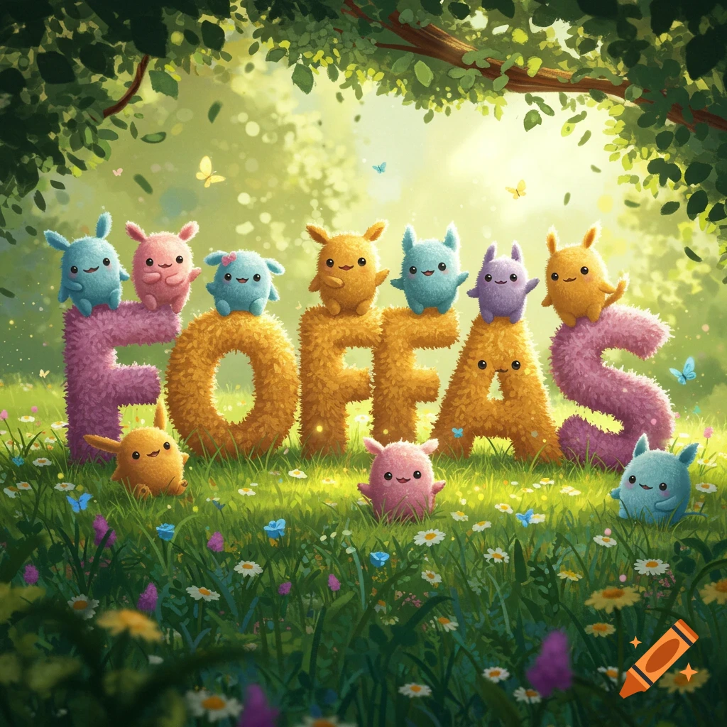 Cute, fluffy, colorful creatures stand on fuzzy letters spelling FOFFAS in a bright, whimsical forest.