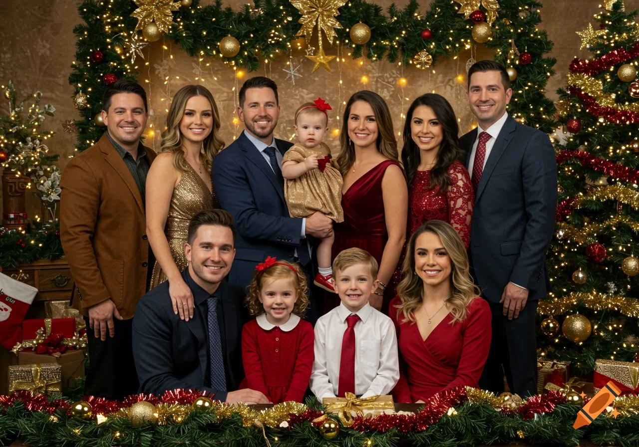 A large family, including adults and children, poses for a festive Christmas portrait in front of a decorated Christmas tree and garlands, all smiling warmly.