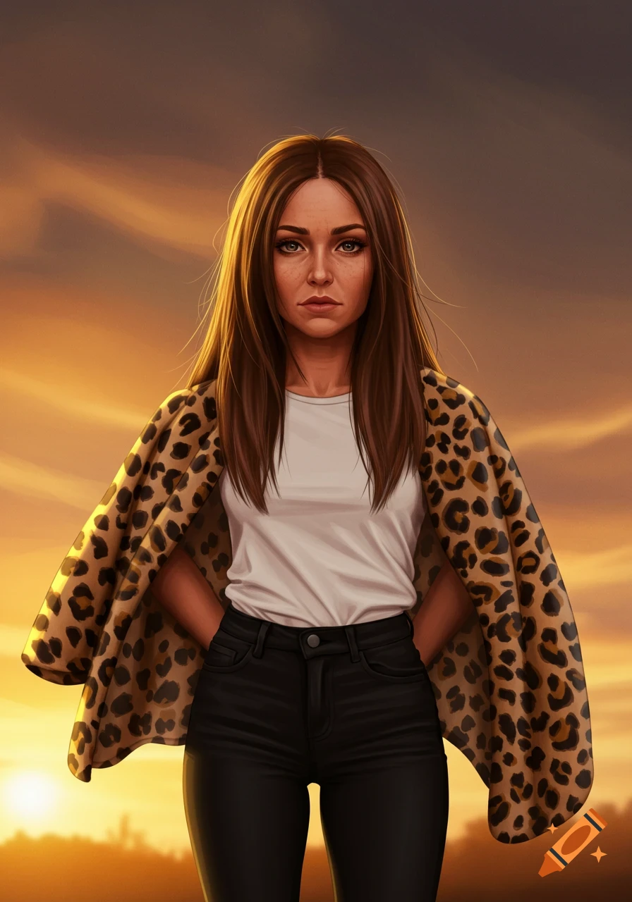 A serious woman with long brown hair, white t-shirt, black jeans, and a leopard print cape stands against an orange sunset in a digital art style.