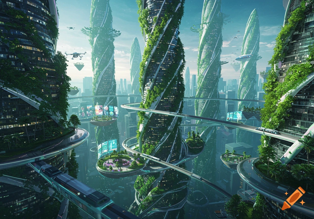 A vibrant, lush futuristic city with towering green skyscrapers, elevated trains, flying vehicles, and floating parks under a bright sky.