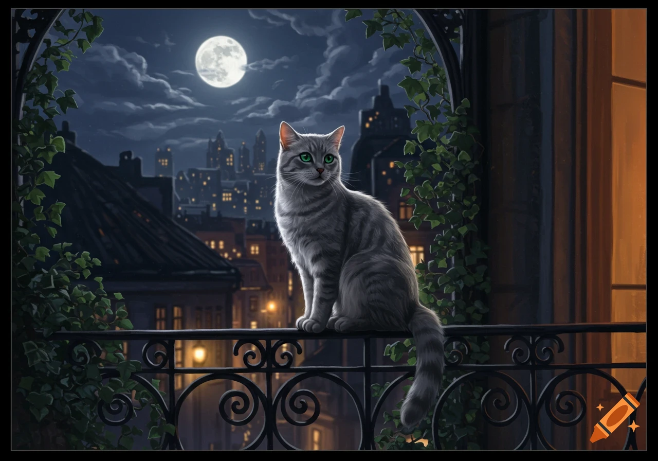 A grey tabby cat with bright green eyes sits on an ornate balcony railing, overlooking a moonlit city at night in an illustrative style.