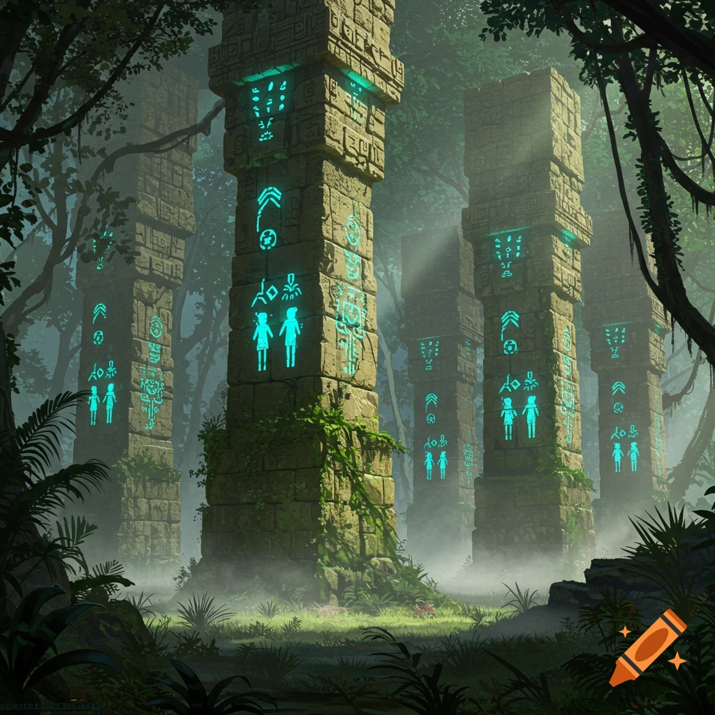 Tall, moss-covered stone pillars with glowing turquoise symbols in a misty, lush jungle, evoking an ancient, mystical atmosphere.