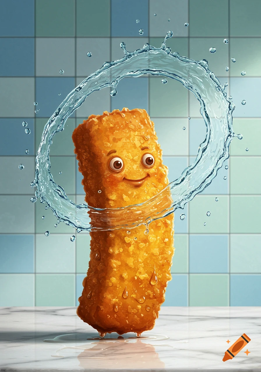 A cheerful, cartoonish fish stick with a face stands on a marble counter, being splashed by water, against a blue tiled background.