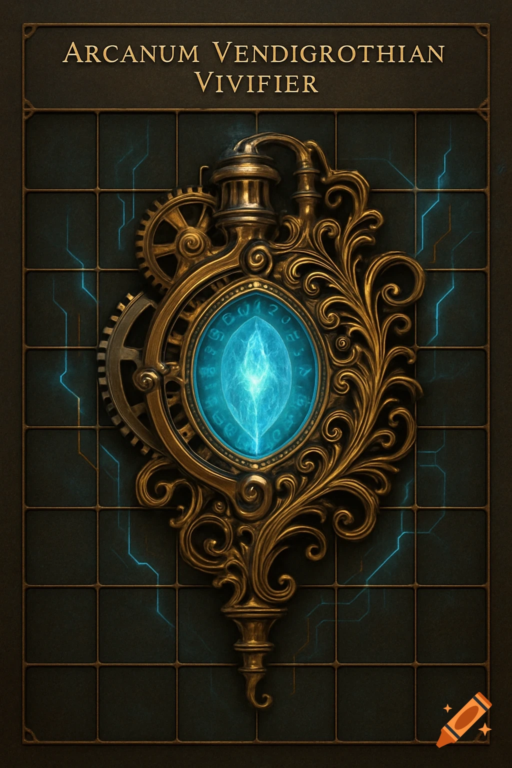 Ornate gold and bronze steampunk artifact with gears and a glowing blue crystal, titled 'ARCANUM VENDIGROTHIAN VIVIFIER' on a dark grid.