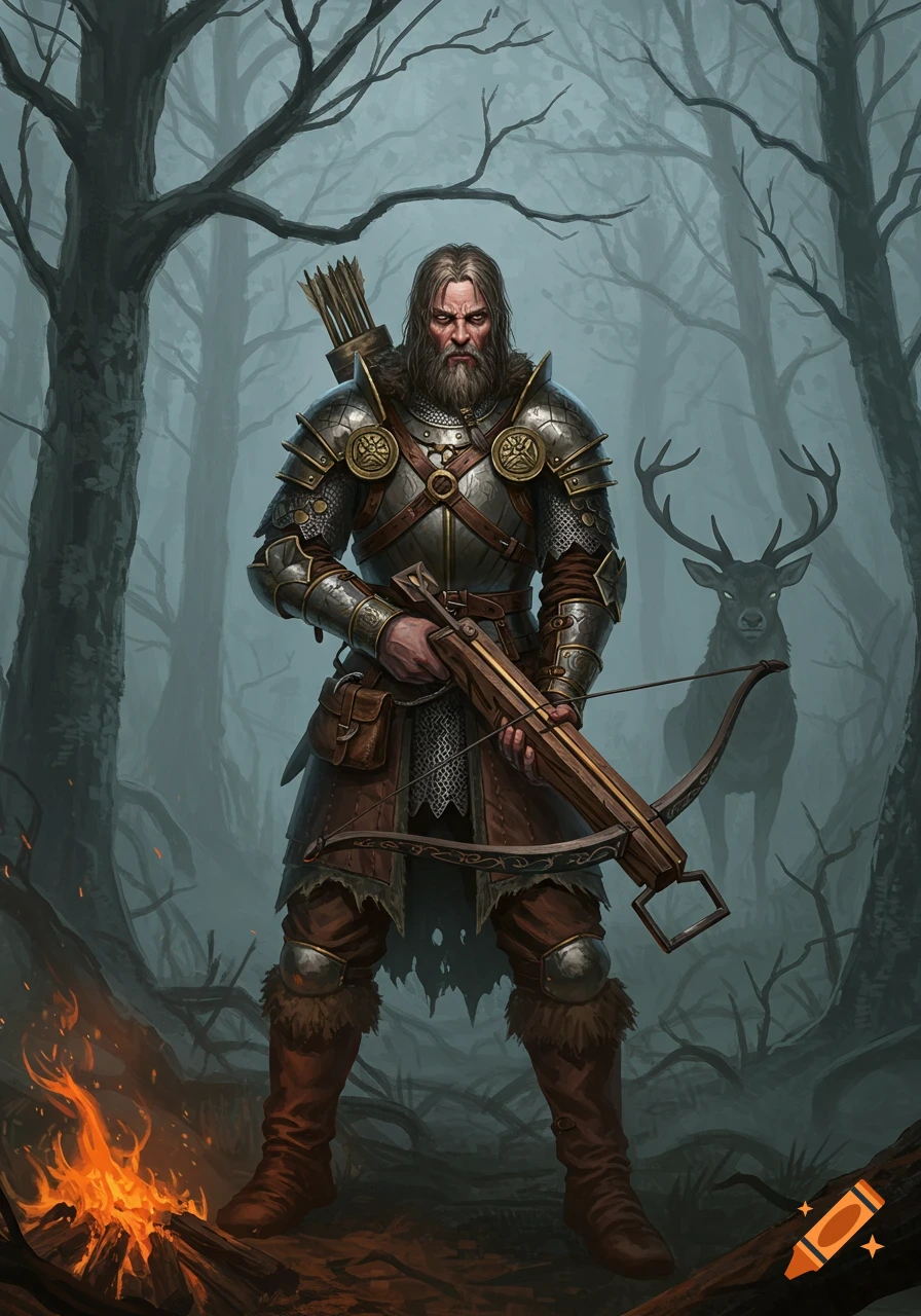 A stern medieval hunter in armor holds a crossbow in a dark, misty forest, with a deer in the background and a campfire at his feet. Digital art.