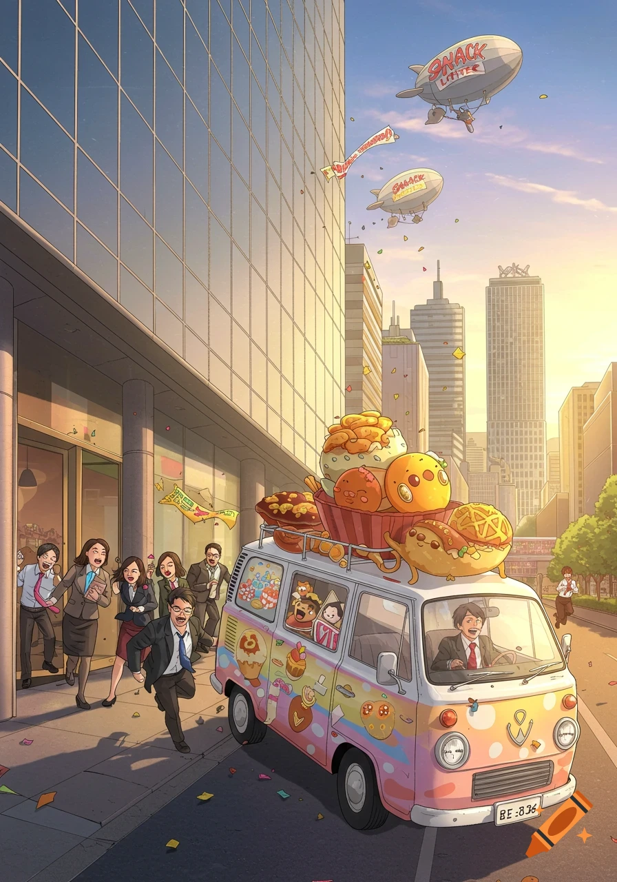 Cartoon office workers excitedly chase a colorful van overflowing with giant snacks down a city street, with blimps carrying snack banners flying above.