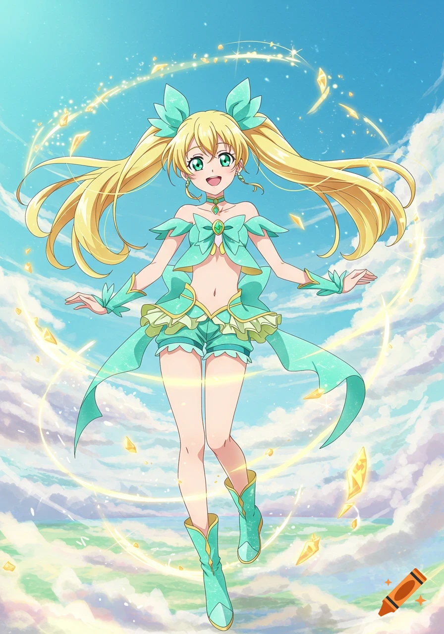 An anime magical girl with blonde pigtails, green bows, green eyes, a teal crop top, short shorts, and tall boots floats in a bright blue sky with swirling golden magic.