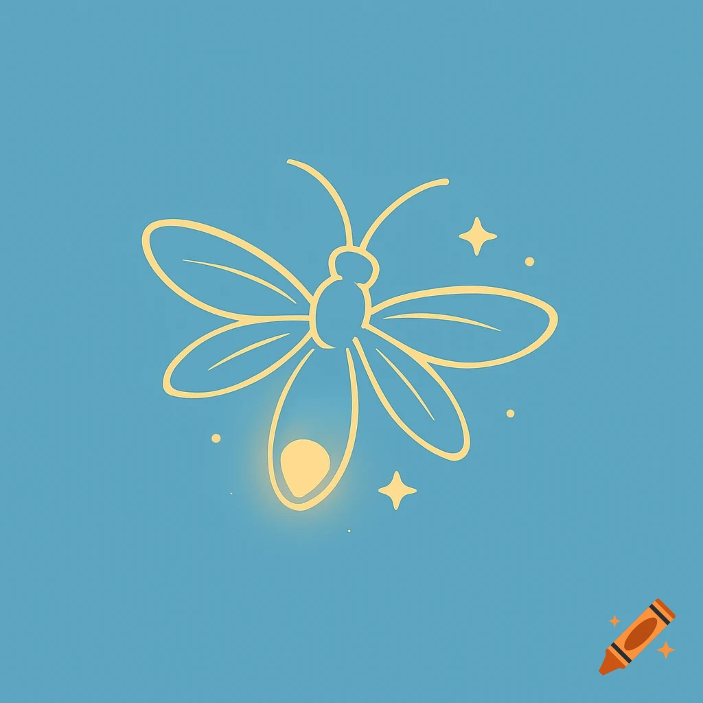 A golden yellow outline drawing of a firefly with a glowing abdomen, against a sky blue background with small stars.