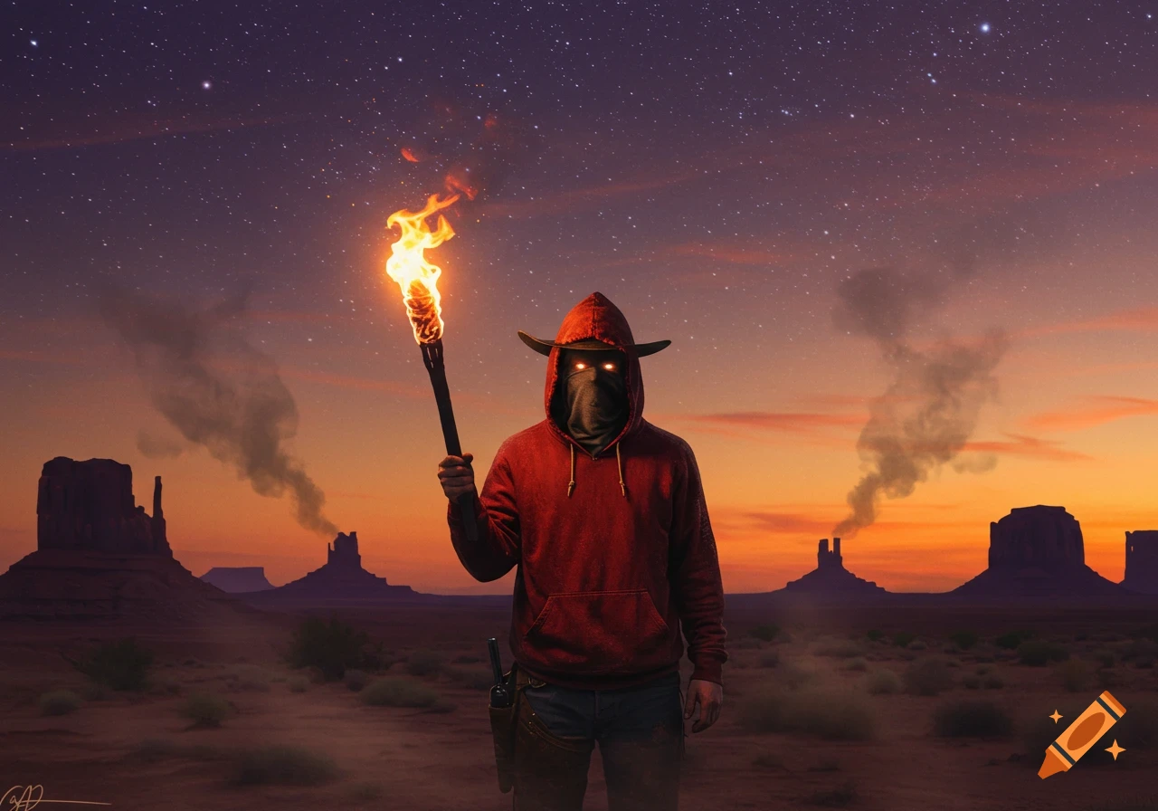 A hooded figure with glowing eyes, wearing a red hoodie and a cowboy hat, holds a torch in a desert landscape with mesas under a starry sky.