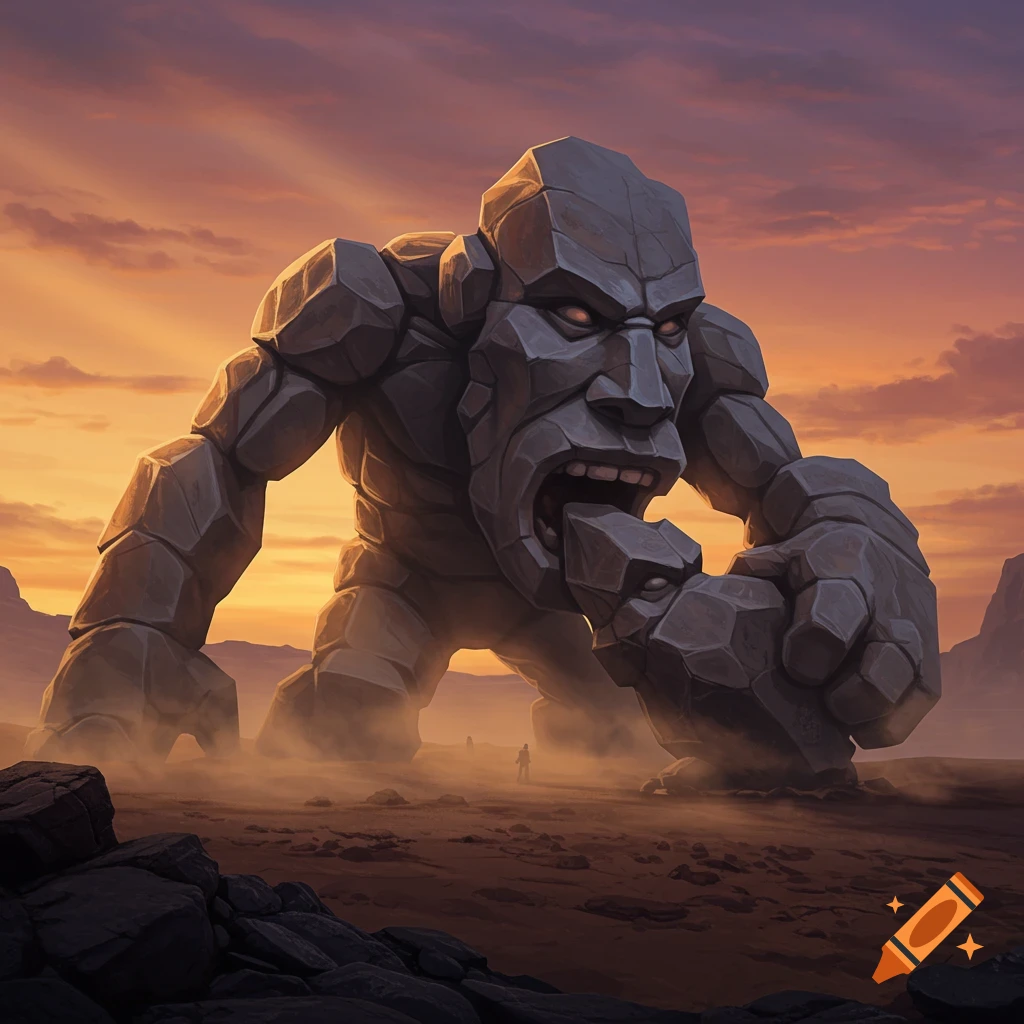 A gigantic, angry rock monster with glowing red eyes devours a smaller rock in a desert at sunset.