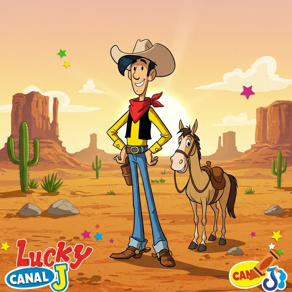 Cartoon of cowboy Lucky Luke and his horse Jolly Jumper in a desert at sunset, with 'Canal J' logos.