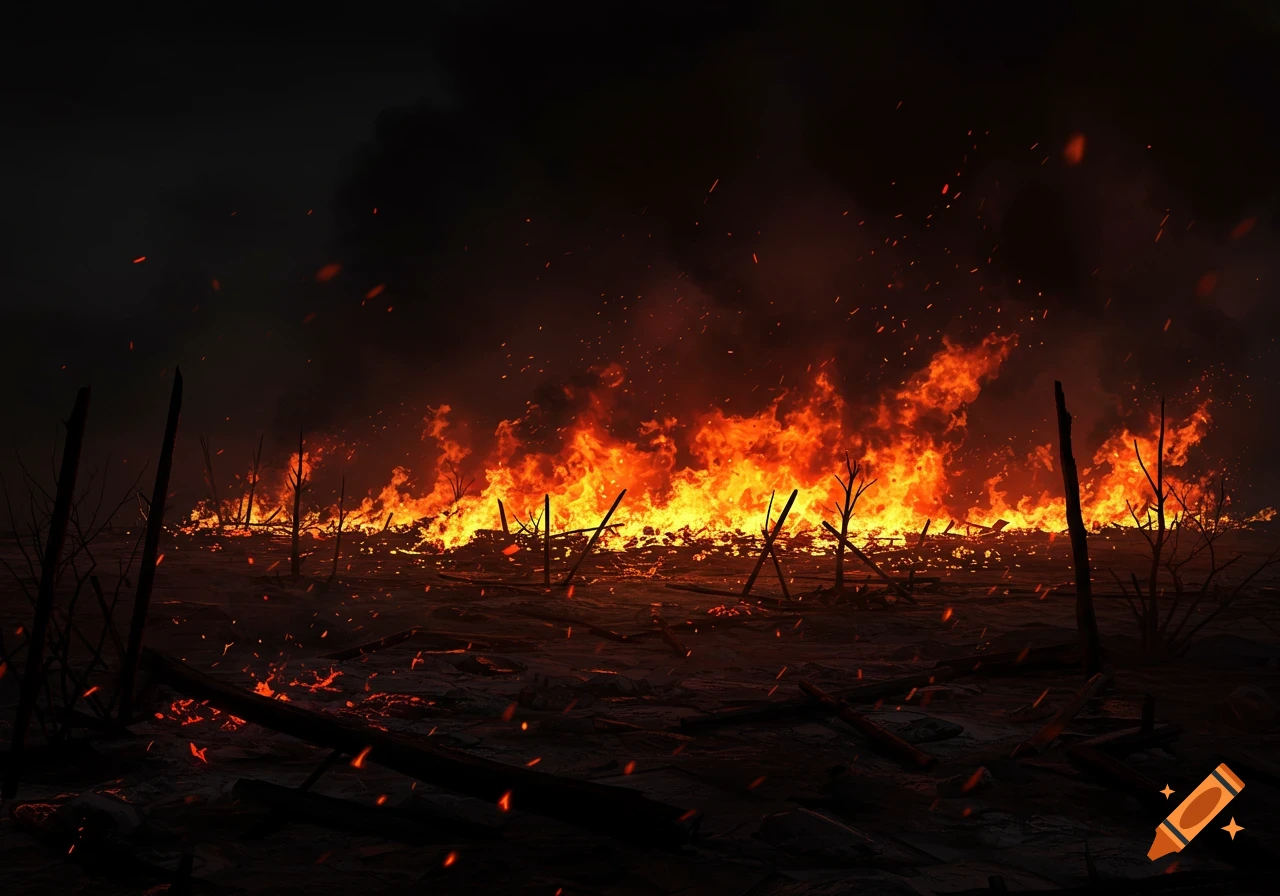 A devastating wildfire rages across a dark, desolate landscape, with bright orange flames engulfing the ground and sparse charred trees under a smoky sky.