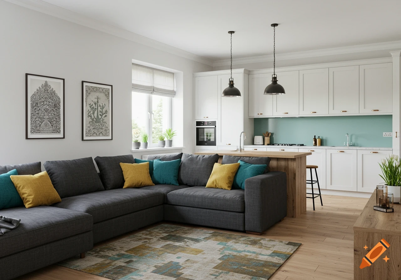A modern open-plan living room and kitchen featuring a gray L-shaped sofa, a colorful rug, and a white kitchen with wooden accents.