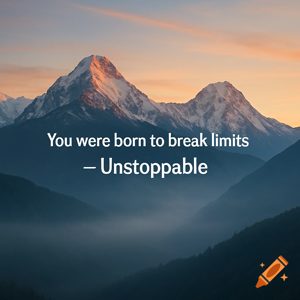 A serene mountain landscape at sunrise with mist, featuring the text 'You were born to break limits — Unstoppable.'