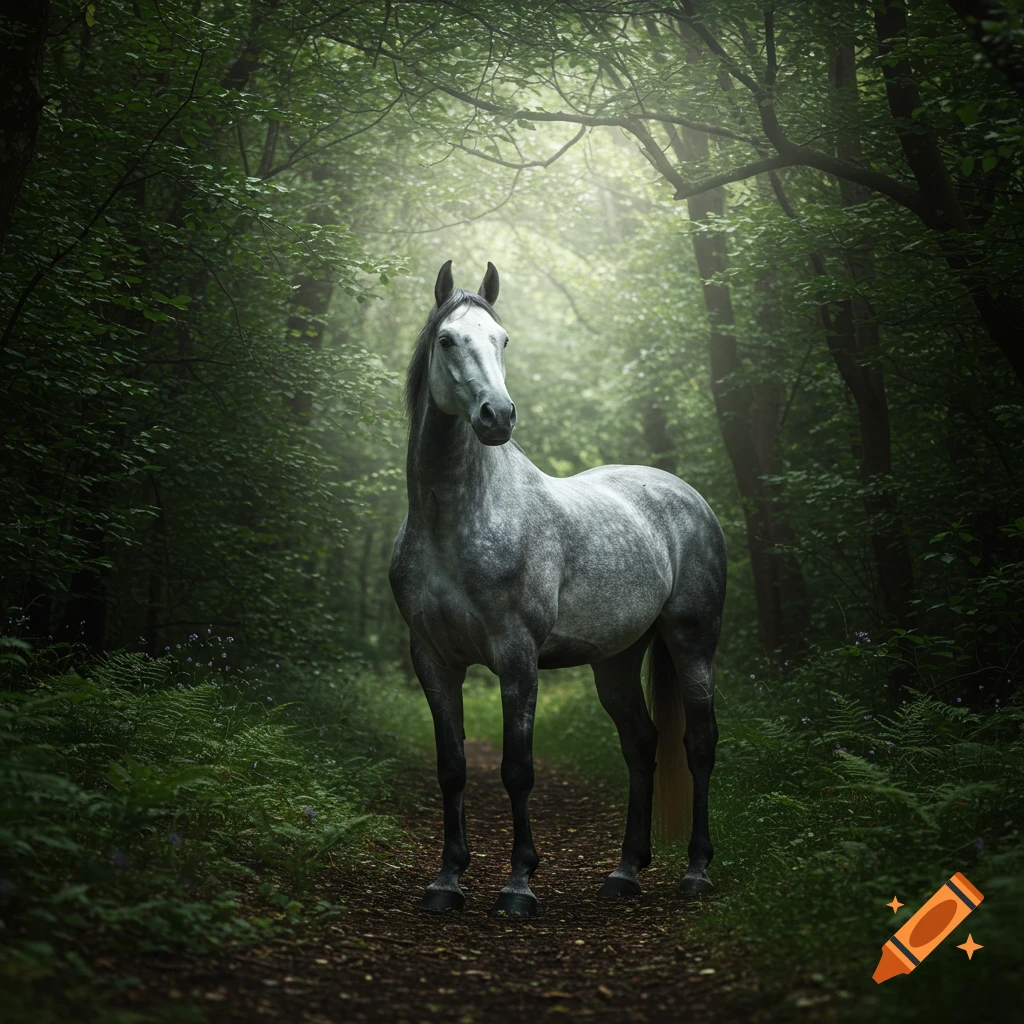 Photorealistic dapple grey horse standing on a forest path with sunlight filtering through the trees.