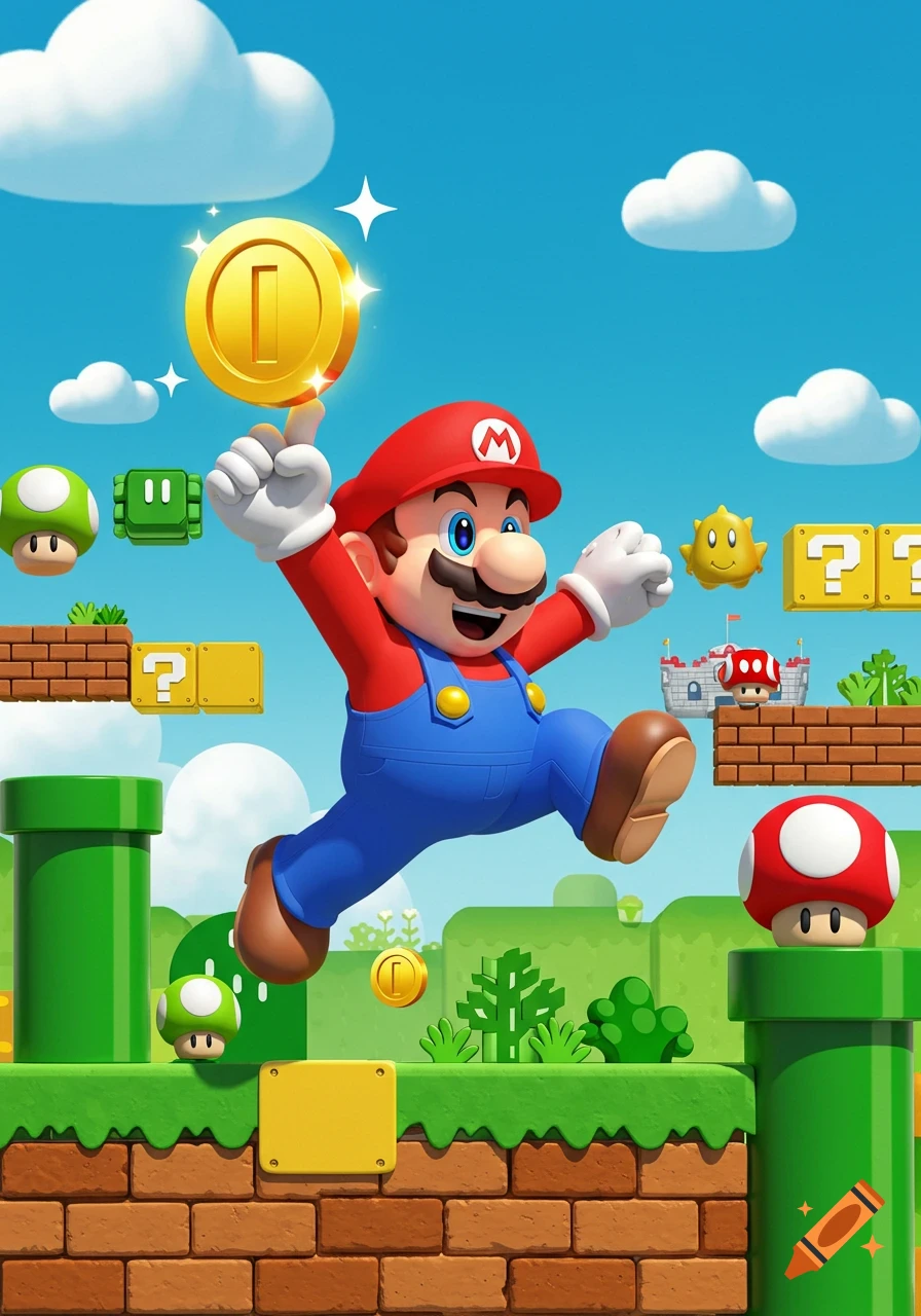 Cartoon Mario jumps, holding a golden coin, amidst green pipes, question blocks, and mushrooms in a bright outdoor game level.