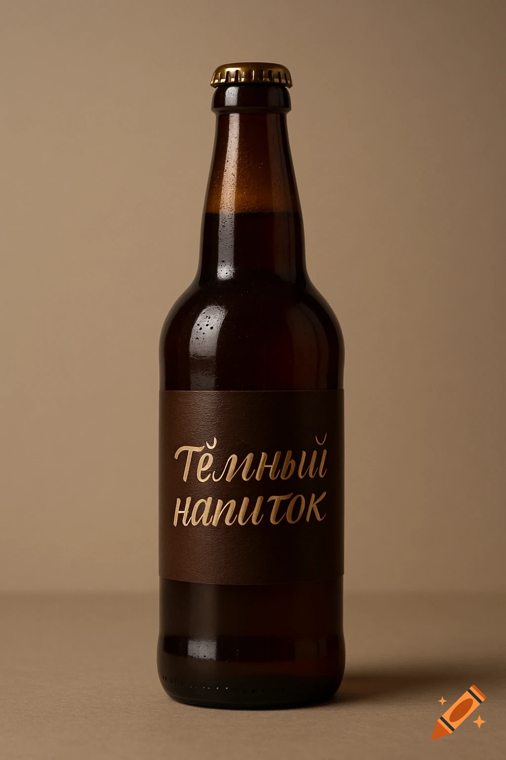 A dark brown beer bottle with a gold cap and a brown label with "Тёмный напиток" in gold cursive text on a beige background.