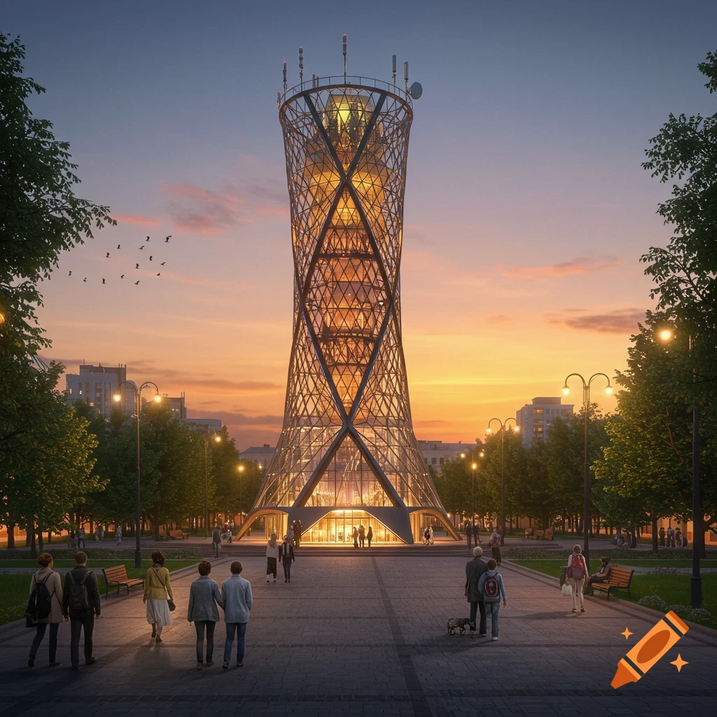 A tall, futuristic lattice tower stands illuminated at sunset in a city park with people walking around.