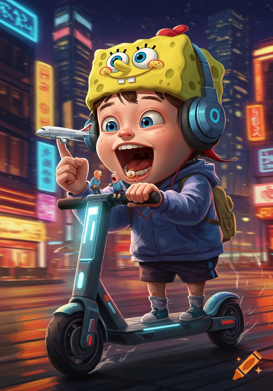 A happy cartoon child in a Spongebob hat and headphones rides an e-scooter at night in a city, holding a small airplane on their finger.