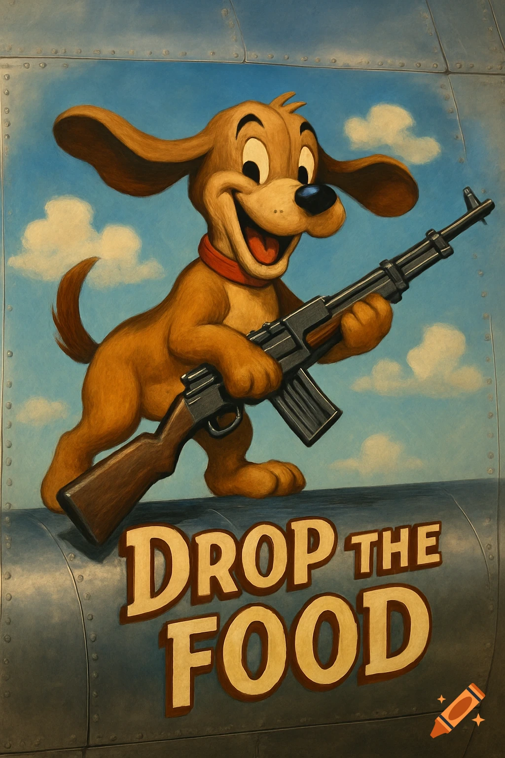 A smiling cartoon puppy hound dog holding a rifle, with "DROP THE FOOD" written below, in a World War II nose art style.
