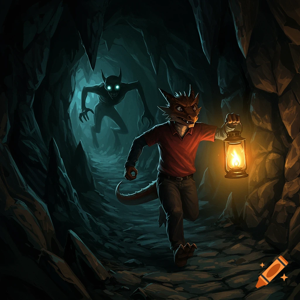 An anthropomorphic dragon runs through a dark cave, holding a glowing lantern, pursued by a shadowy, glowing-eyed monster.