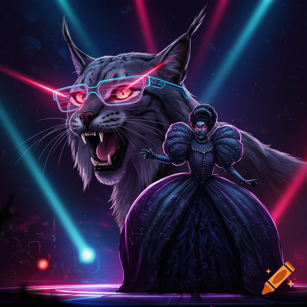 A fierce lynx with glowing laser glasses and an open mouth stands behind a woman in a large, dark, elaborate gown on a stage with neon lights.
