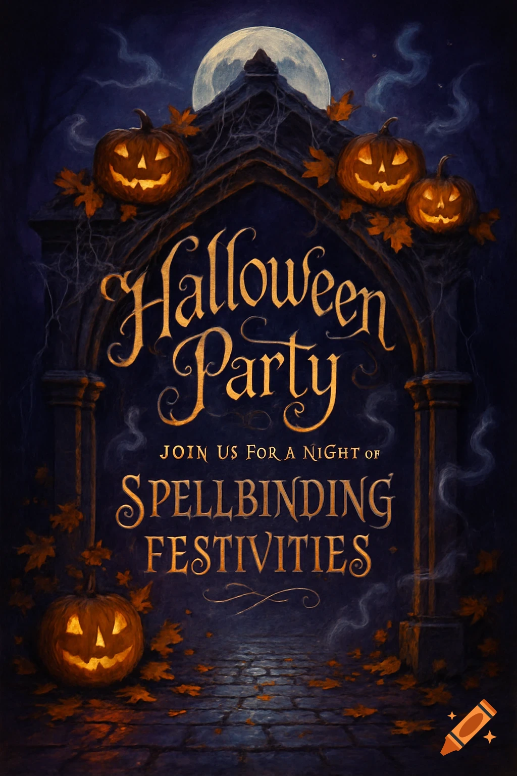 A gothic archway decorated with carved jack-o'-lanterns and autumn leaves under a full moon, with text "Halloween Party" and "Join Us For A Night of Spellbinding Festivities".