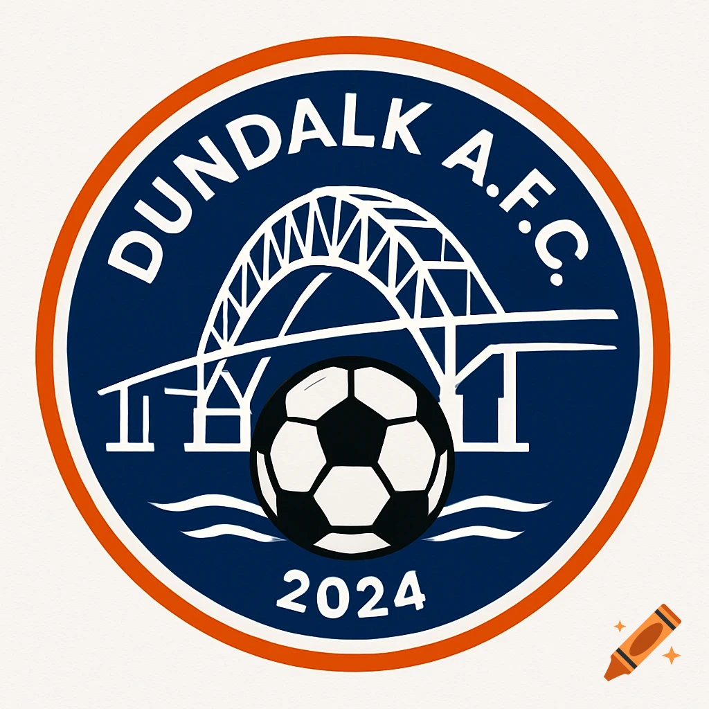 A circular football club crest with 'DUNDALK A.F.C.' and '2024', featuring a white bridge, soccer ball, and waves on a dark blue background with orange trim.