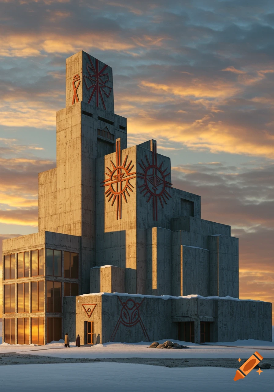 Brutalist concrete building with ancient Sami sun symbols in a snowy landscape at sunset.