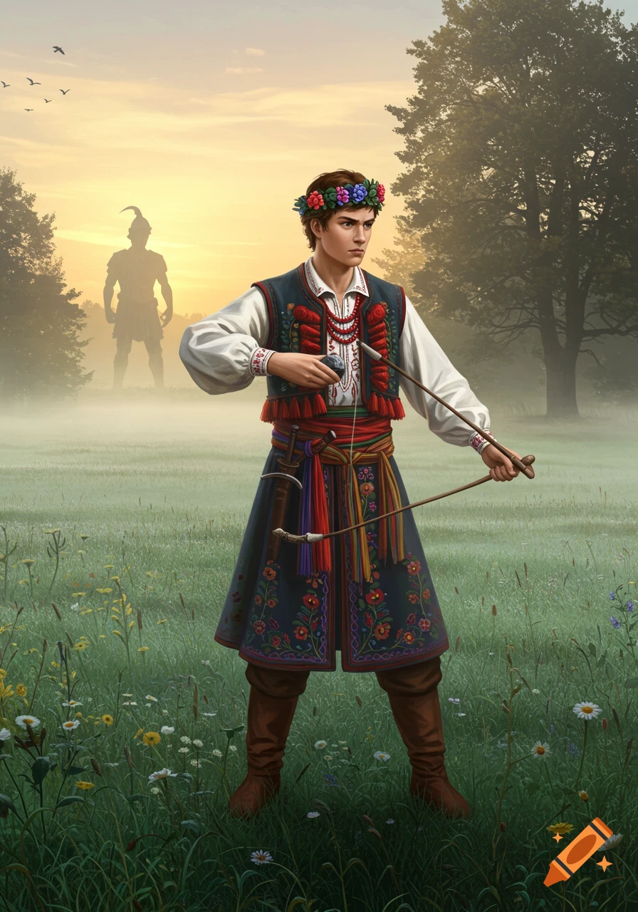 A young man in traditional Polish attire with a flower wreath holds a slingshot in a misty field at sunset, a giant's silhouette in the distance.