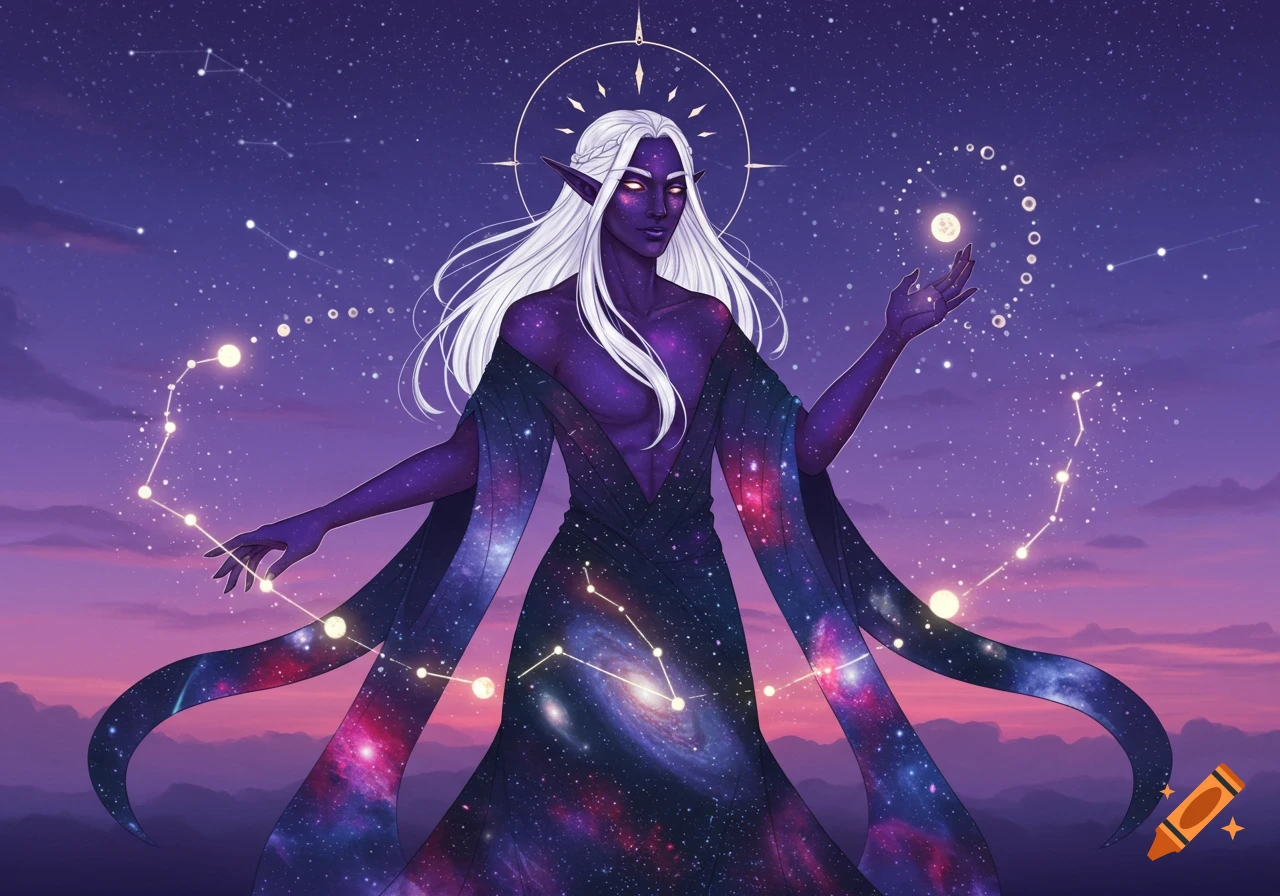 An astral elf mage with purple starry skin, white hair, and cosmic robes stands against a starry purple and pink sky with constellations.