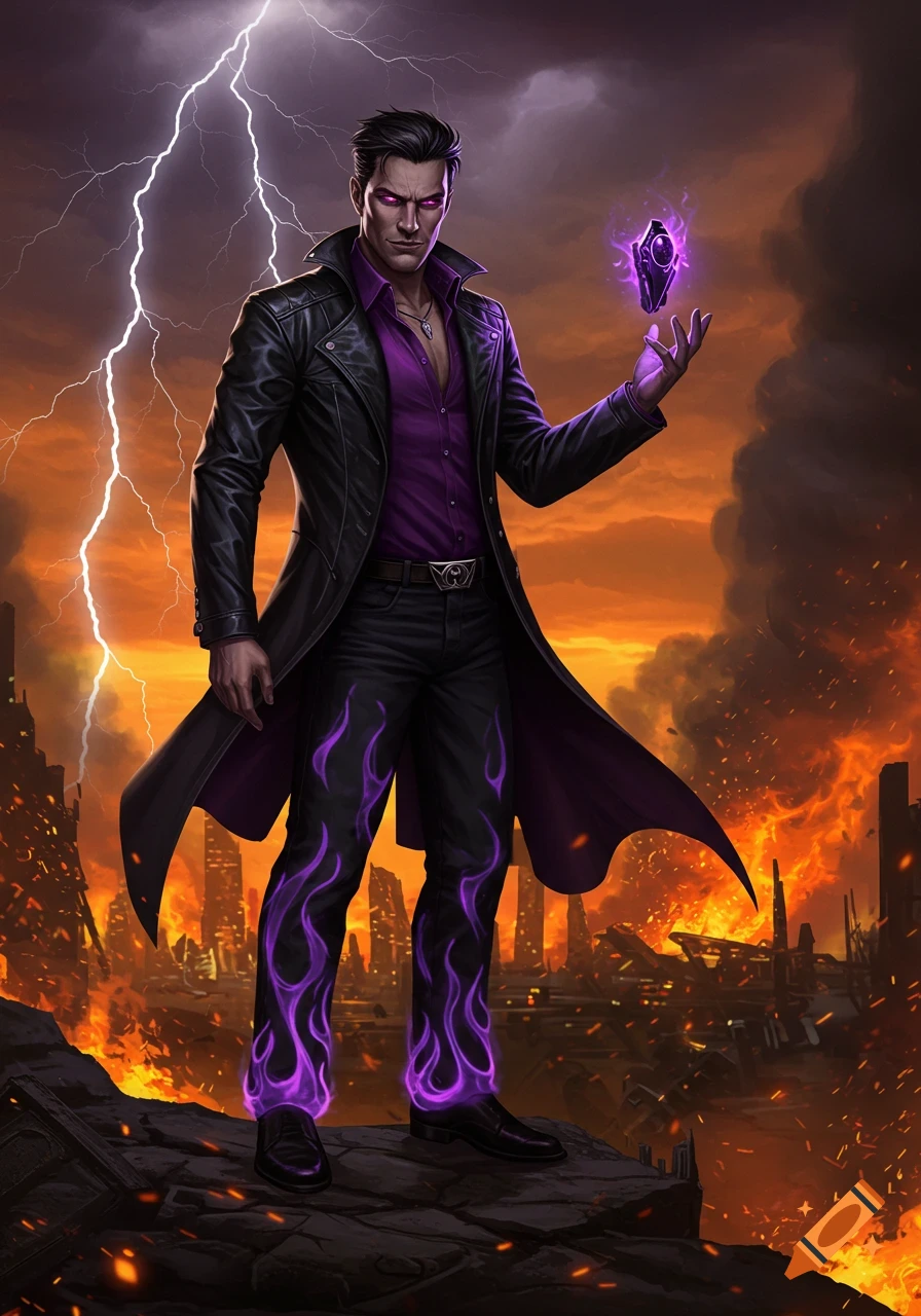 A supervillain with purple eyes, black jacket, purple shirt, and flame-patterned black jeans stands in a burning city under a lightning storm, holding a glowing purple object.