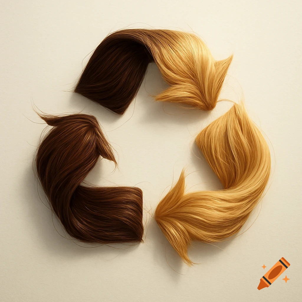 A photorealistic recycle logo made of strands of dark brown and blonde hair on a light background.