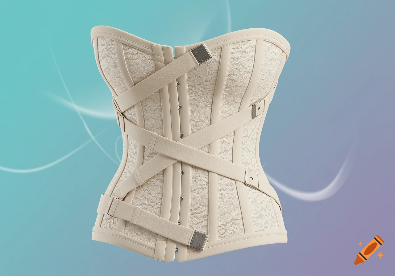 A beige lace corset with intersecting straps and metal buckles, floating on a blue to purple gradient background.